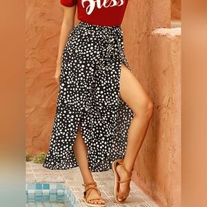 Perfee Slit Polka Dot Wide Leg Pants